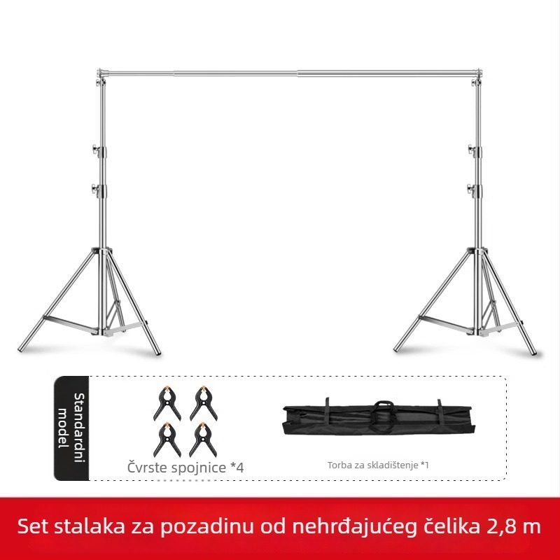 Stativ za pozadinu od nehrđajućeg čelika s teleskopskom šipkom, vodoravnom šipkom i tripodom