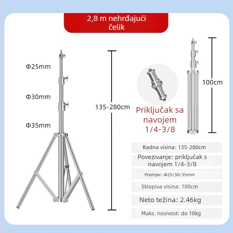 Stativ za pozadinu od nehrđajućeg čelika s teleskopskom šipkom, vodoravnom šipkom i tripodom