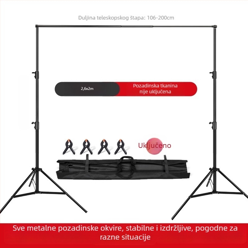 Stativ za pozadinu od nehrđajućeg čelika s teleskopskom šipkom, vodoravnom šipkom i tripodom