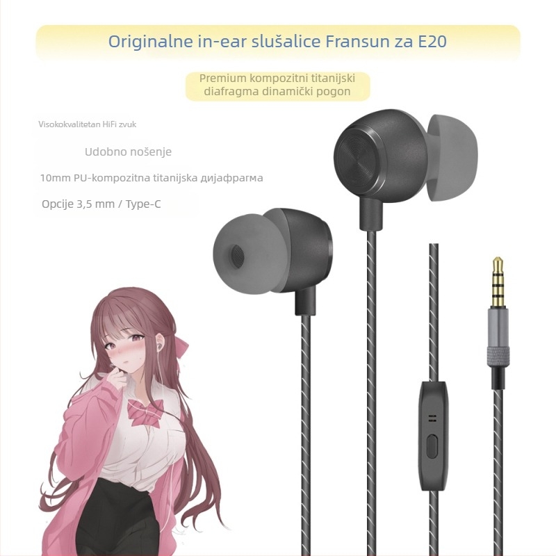 FRANSUN In-Ear žične slušalice s mikrofonom, 3,5 mm ravni priključak, kabel 1,2 m, 10 mm driver