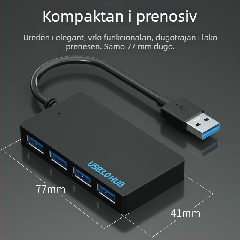 USB 3.0 hub, 4 priključka, proširenje 1–4, napajanje preko USB, kabel dužine 10 cm, prijenos 5DBps