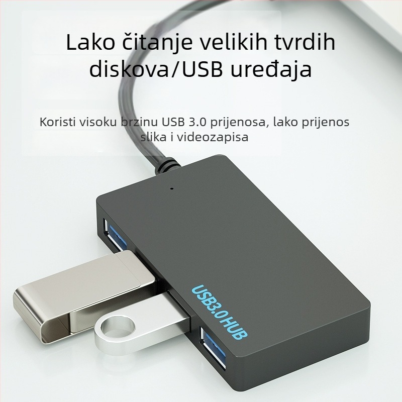 USB 3.0 hub, 4 priključka, proširenje 1–4, napajanje preko USB, kabel dužine 10 cm, prijenos 5DBps