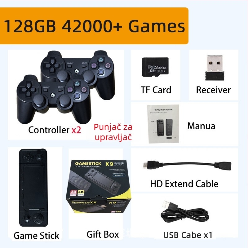 Nostalgična Android kućna gaming konzola s bežičnim HDMI izlazom na TV, PSP‑stilu joystick, 64/128/256 GB memorije, podržava dva igrača
