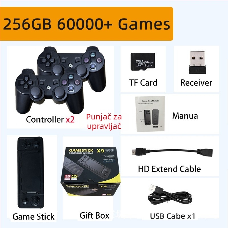 Nostalgična Android kućna gaming konzola s bežičnim HDMI izlazom na TV, PSP‑stilu joystick, 64/128/256 GB memorije, podržava dva igrača