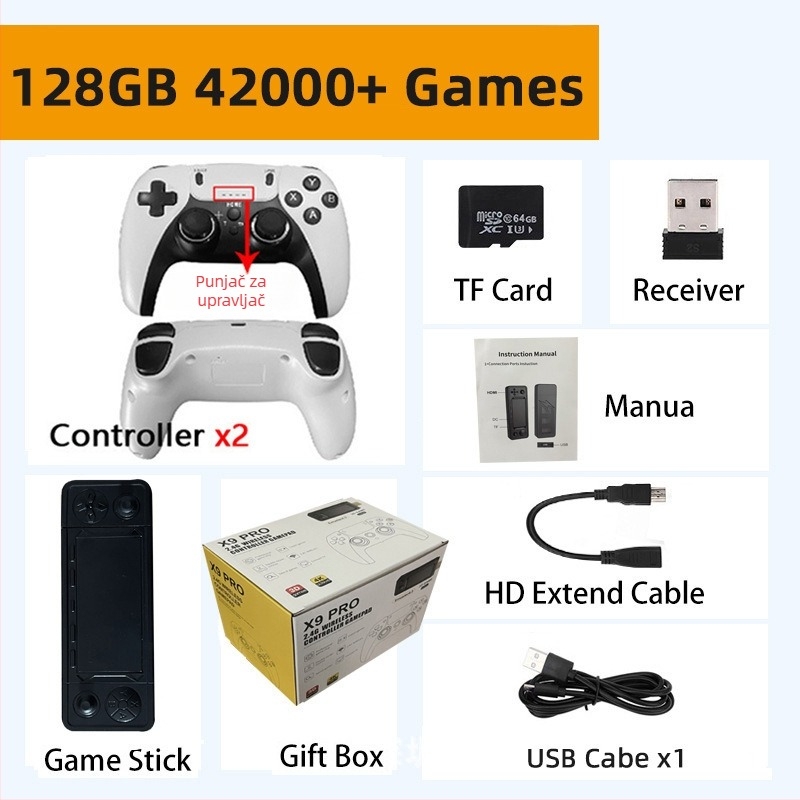 Nostalgična Android kućna gaming konzola s bežičnim HDMI izlazom na TV, PSP‑stilu joystick, 64/128/256 GB memorije, podržava dva igrača