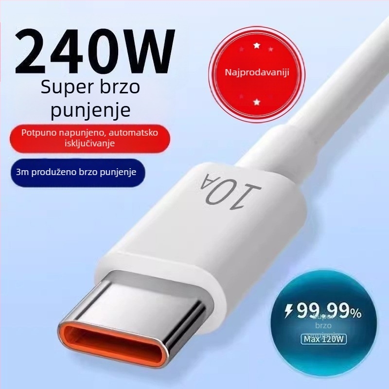 Type-C kabel za Android, brzo punjenje do 10A, duljina 1–2 m, TPE materijal, bijela