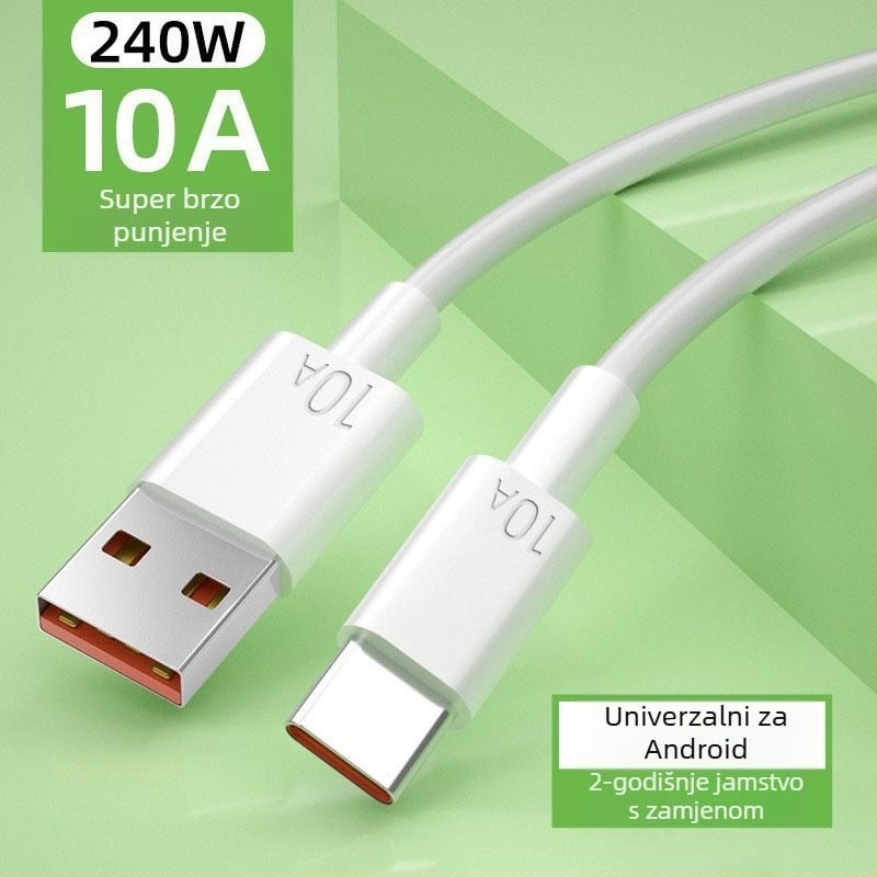 Type-C kabel za Android, brzo punjenje do 10A, duljina 1–2 m, TPE materijal, bijela