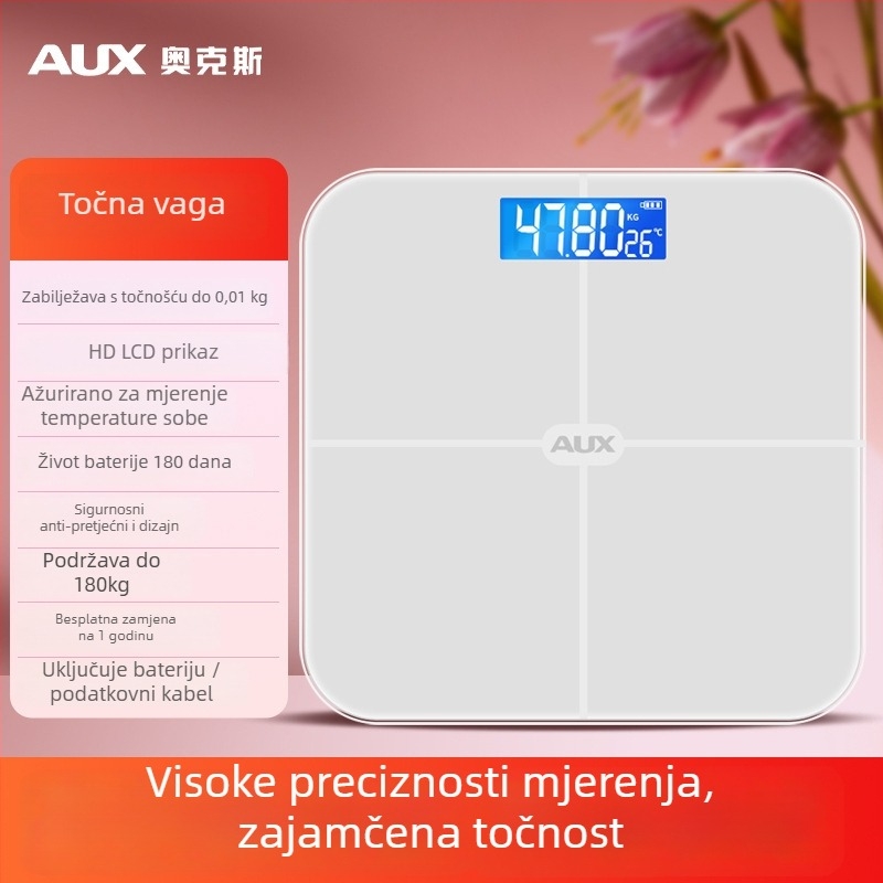 Aux digitalna vaga za tijelo s LCD prikazom, dodirni način rada, raspon težine 0,2–180 kg, kaljeno staklo, model ATZ-30D4C112