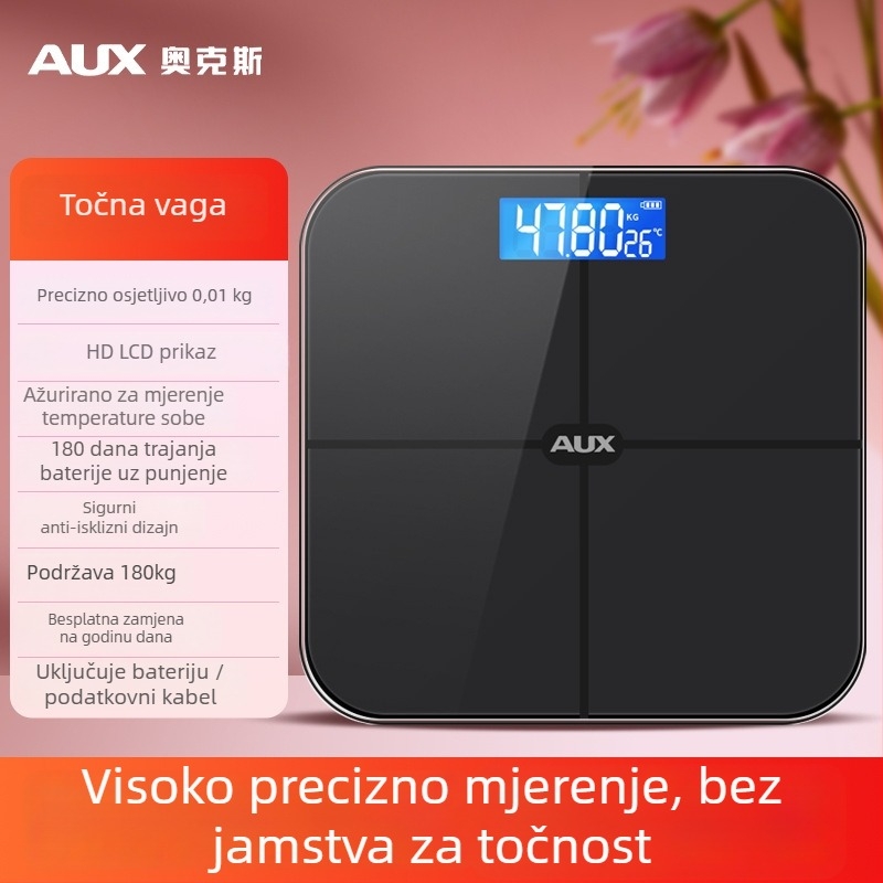 Aux digitalna vaga za tijelo s LCD prikazom, dodirni način rada, raspon težine 0,2–180 kg, kaljeno staklo, model ATZ-30D4C112