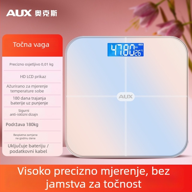Aux digitalna vaga za tijelo s LCD prikazom, dodirni način rada, raspon težine 0,2–180 kg, kaljeno staklo, model ATZ-30D4C112