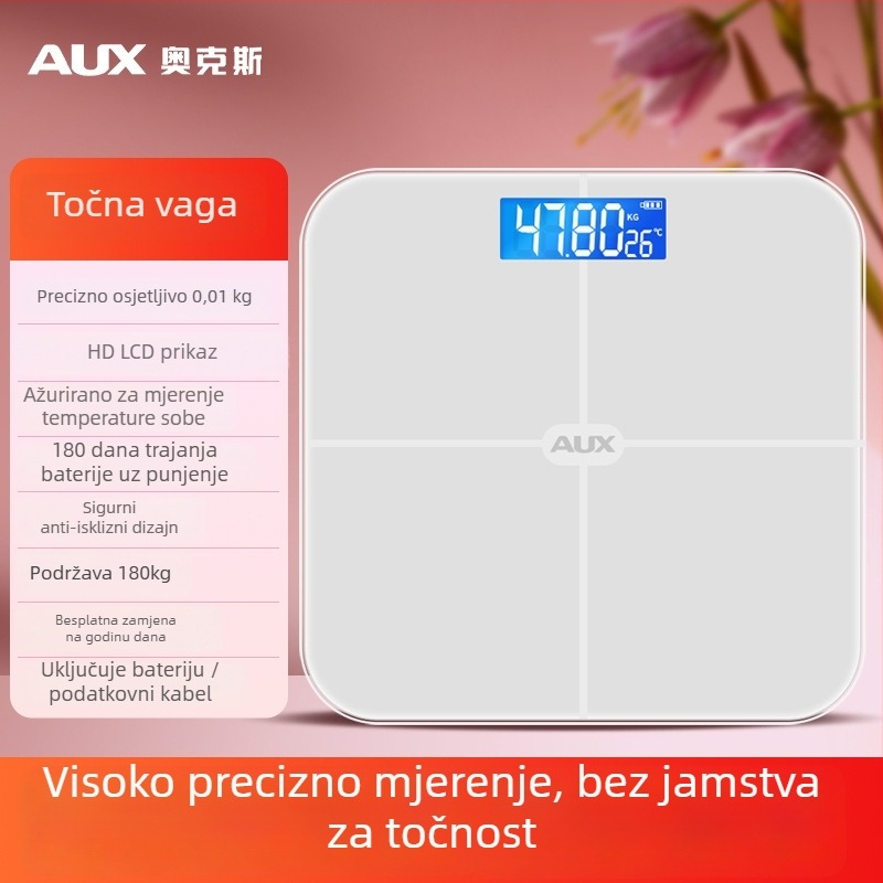 Aux digitalna vaga za tijelo s LCD prikazom, dodirni način rada, raspon težine 0,2–180 kg, kaljeno staklo, model ATZ-30D4C112