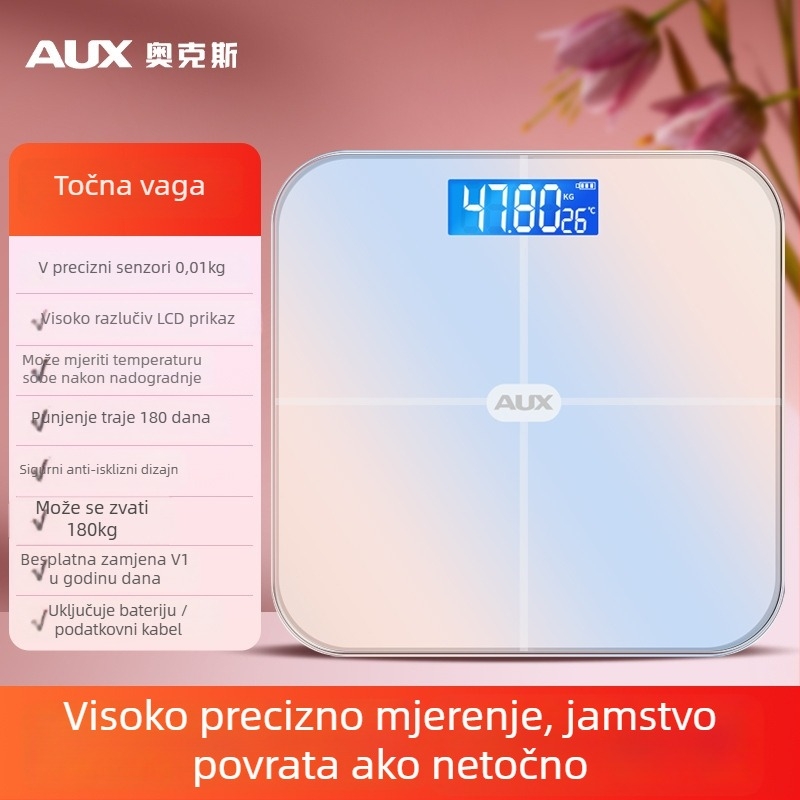 Aux digitalna vaga za tijelo s LCD prikazom, dodirni način rada, raspon težine 0,2–180 kg, kaljeno staklo, model ATZ-30D4C112