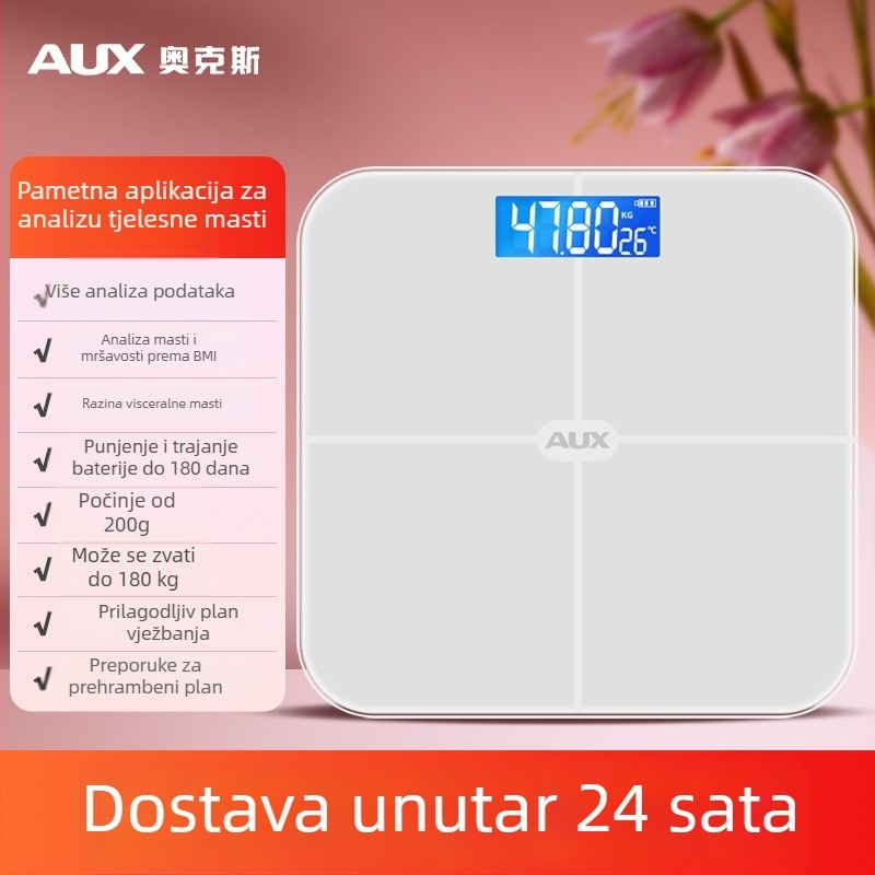 Aux digitalna vaga za tijelo s LCD prikazom, dodirni način rada, raspon težine 0,2–180 kg, kaljeno staklo, model ATZ-30D4C112