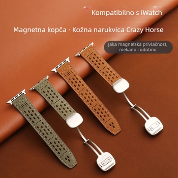 Kožna narukvica za sat s prozračnim dizajnom otvora Sichuan i Crazy Horse kožom, magnetska kopča, kompatibilna s Apple iWatch i Huawei GT5