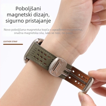 Kožna narukvica za sat s prozračnim dizajnom otvora Sichuan i Crazy Horse kožom, magnetska kopča, kompatibilna s Apple iWatch i Huawei GT5