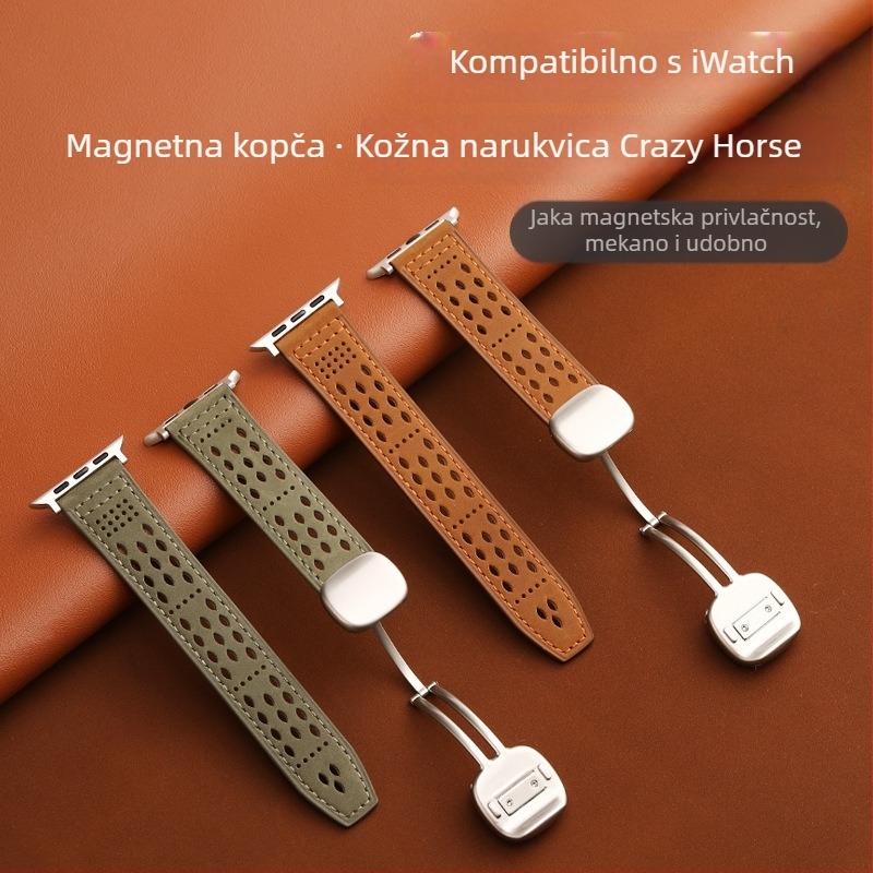Kožna narukvica za sat s prozračnim dizajnom otvora Sichuan i Crazy Horse kožom, magnetska kopča, kompatibilna s Apple iWatch i Huawei GT5