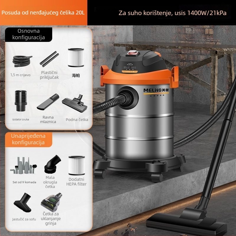 Ušisač s HEPA filtrom, odvajačem prašine i filterom od pamuka – 1400W, usisni tlak 20000Pa, 2-u-1 mokro-suhi, 220V za kućnu upotrebu
