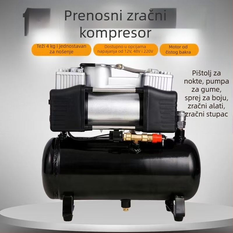 Mini kompresor za auto s spremnikom, 12V, 20A, duljina kabla 1 m, 2,5 kg, pogodan za teške kamione, putnička vozila, bicikle i lopte