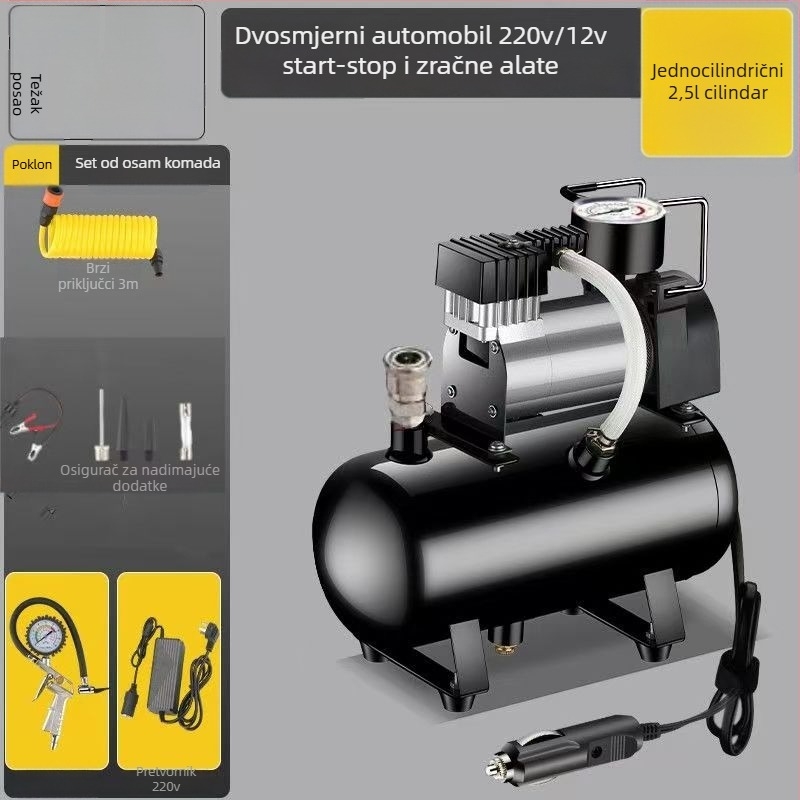 Mini kompresor za auto s spremnikom, 12V, 20A, duljina kabla 1 m, 2,5 kg, pogodan za teške kamione, putnička vozila, bicikle i lopte