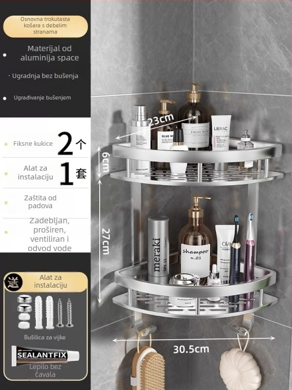Space Aluminum kutni trokutasta zidna košarica za kupaonicu s 3 razine