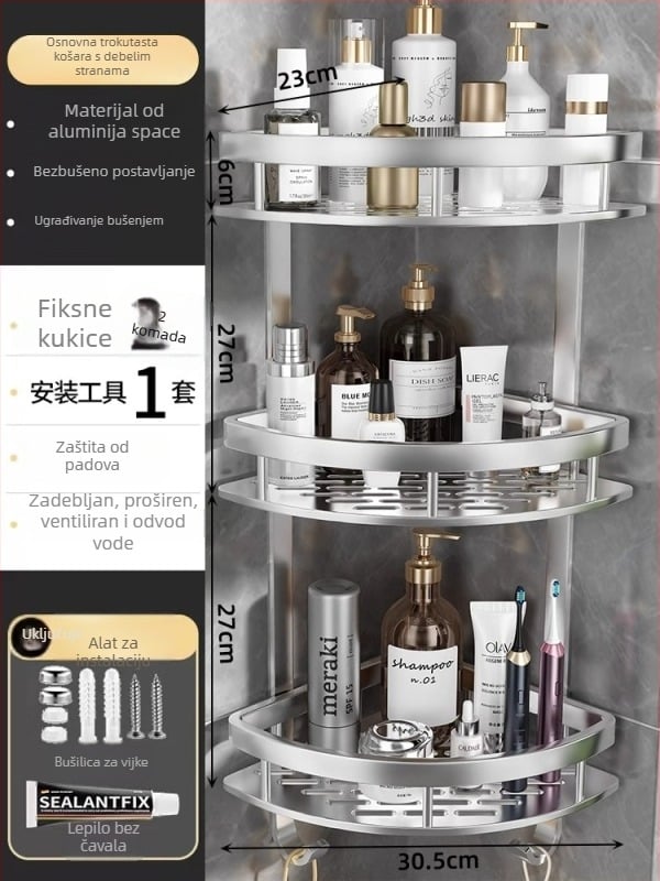 Space Aluminum kutni trokutasta zidna košarica za kupaonicu s 3 razine