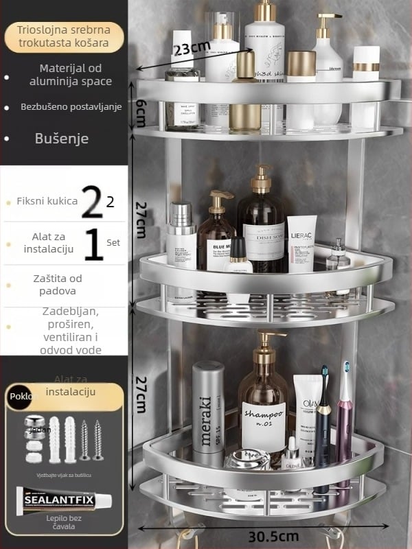 Space Aluminum kutni trokutasta zidna košarica za kupaonicu s 3 razine