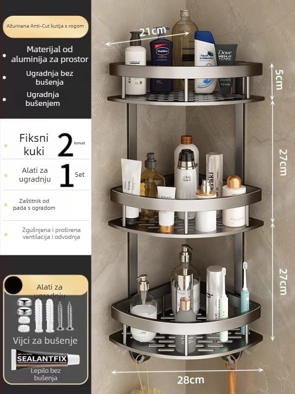 Space Aluminum kutni trokutasta zidna košarica za kupaonicu s 3 razine