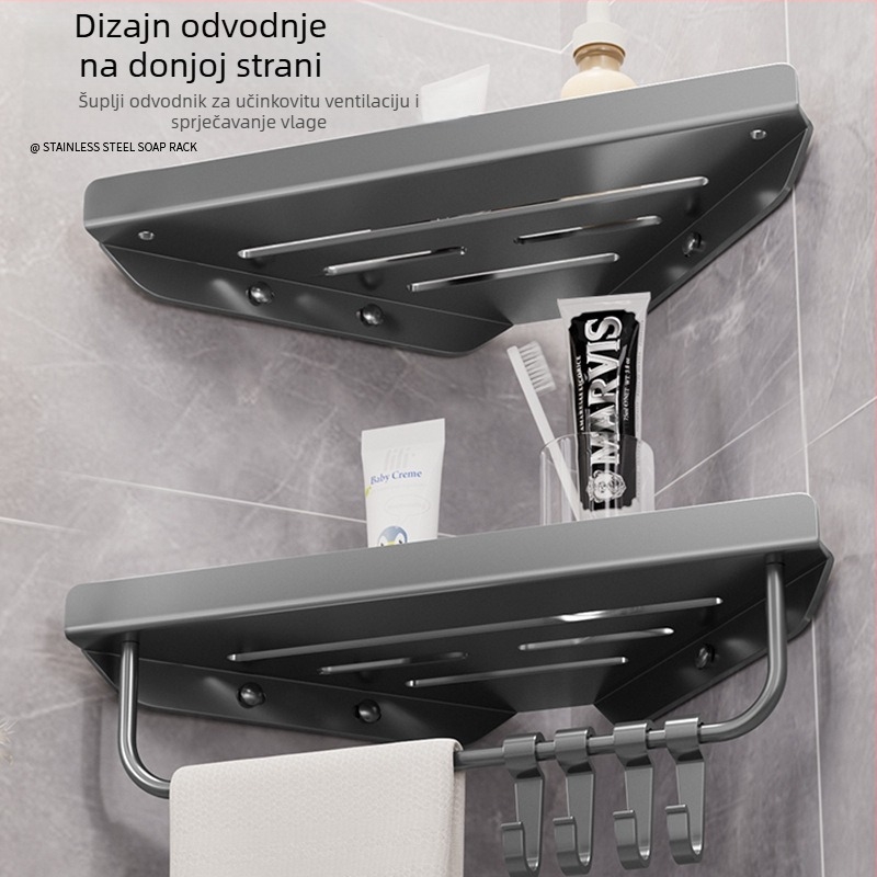 Hongtu zidni kutni polic za kupaonicu bez bušenja, od karbonskog čelika, jedno etaže, nosivost 5–10 kg, modeli 500200001/500200002