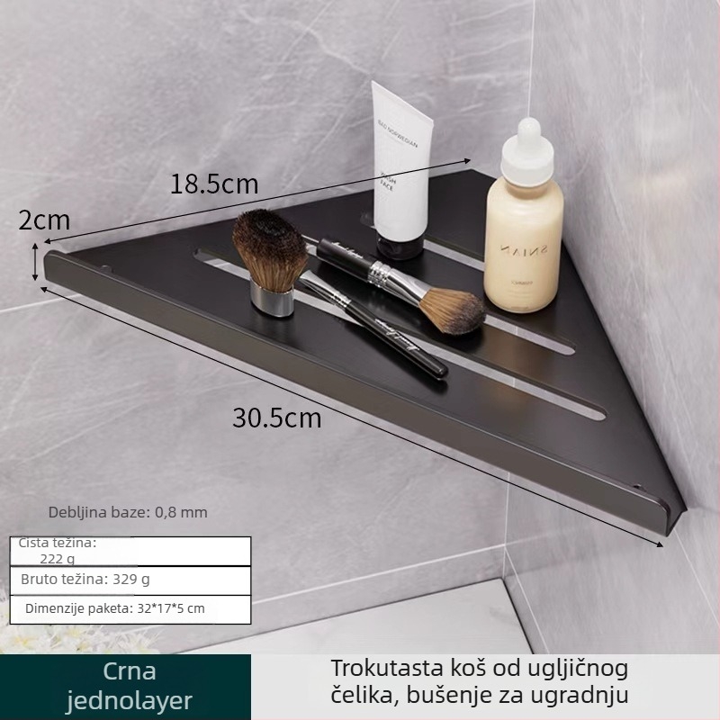 Hongtu zidni kutni polic za kupaonicu bez bušenja, od karbonskog čelika, jedno etaže, nosivost 5–10 kg, modeli 500200001/500200002