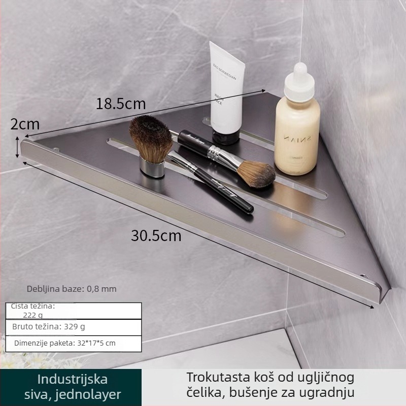 Hongtu zidni kutni polic za kupaonicu bez bušenja, od karbonskog čelika, jedno etaže, nosivost 5–10 kg, modeli 500200001/500200002