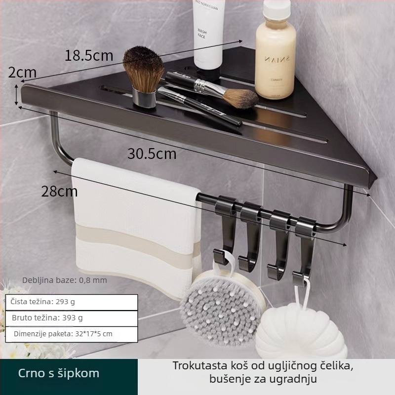 Hongtu zidni kutni polic za kupaonicu bez bušenja, od karbonskog čelika, jedno etaže, nosivost 5–10 kg, modeli 500200001/500200002