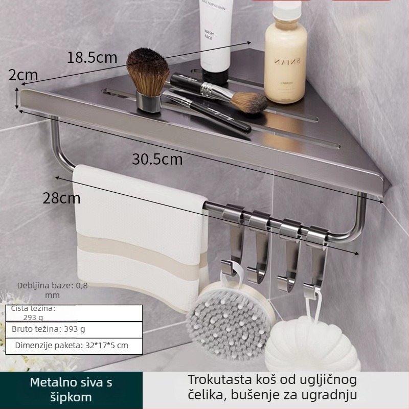 Hongtu zidni kutni polic za kupaonicu bez bušenja, od karbonskog čelika, jedno etaže, nosivost 5–10 kg, modeli 500200001/500200002