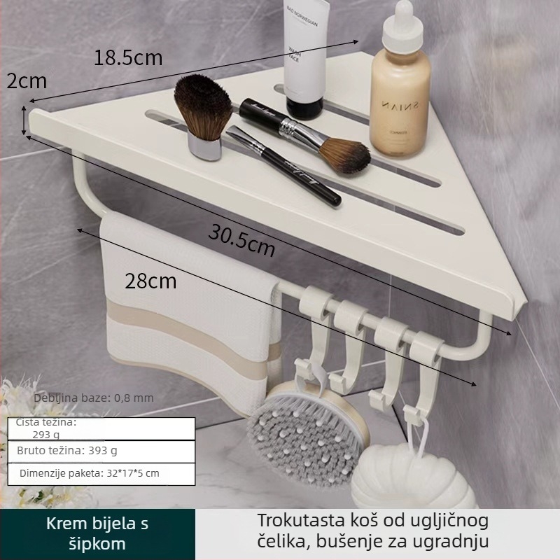Hongtu zidni kutni polic za kupaonicu bez bušenja, od karbonskog čelika, jedno etaže, nosivost 5–10 kg, modeli 500200001/500200002