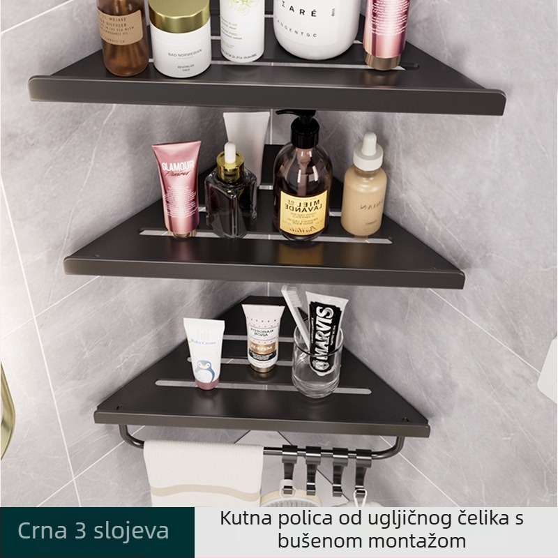 Hongtu zidni kutni polic za kupaonicu bez bušenja, od karbonskog čelika, jedno etaže, nosivost 5–10 kg, modeli 500200001/500200002