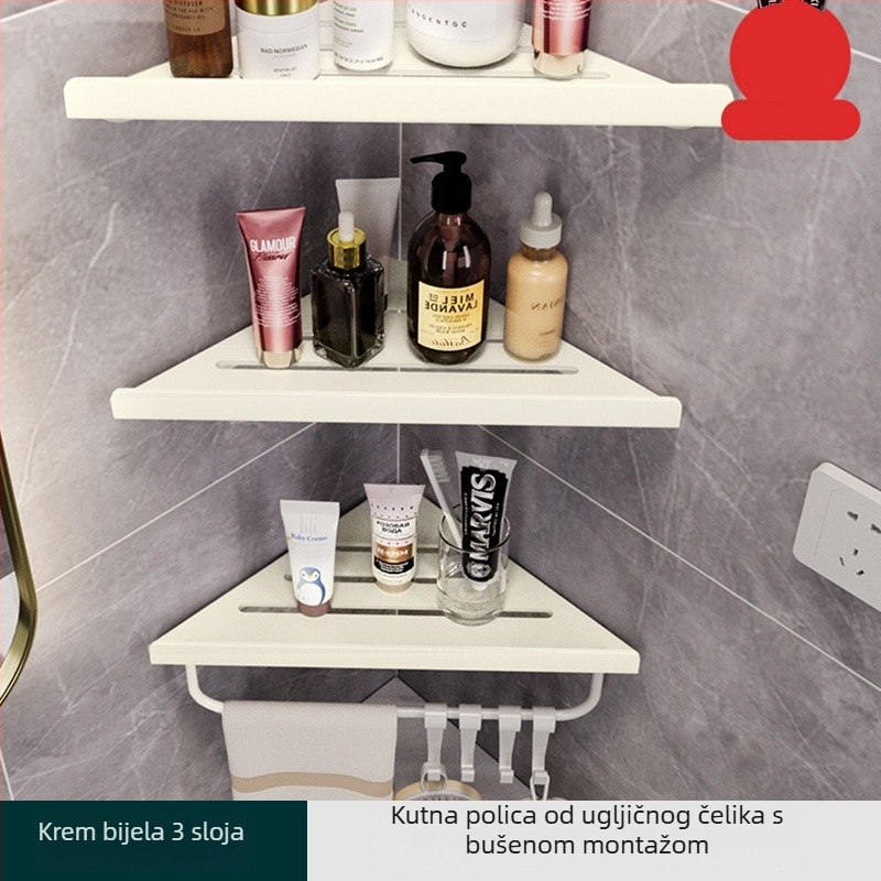 Hongtu zidni kutni polic za kupaonicu bez bušenja, od karbonskog čelika, jedno etaže, nosivost 5–10 kg, modeli 500200001/500200002