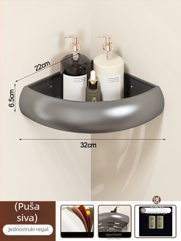 Bez bušenja: kutni kupaonski polic, aluminij + ABS, 3 razine, nosivost 15 kg