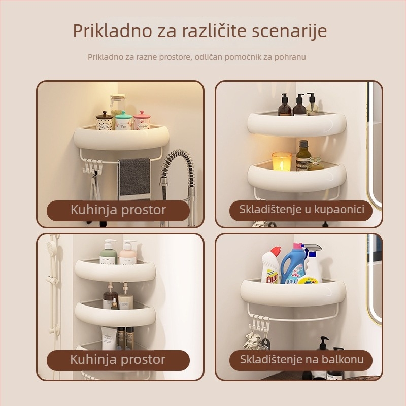 Bez bušenja: kutni kupaonski polic, aluminij + ABS, 3 razine, nosivost 15 kg