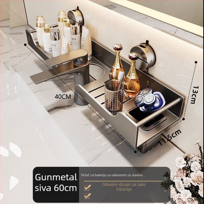 Zidni polica za kupaonicu uz umivaonik, bez bušenja, čelični, 1 razina, moderni minimalistički stil, nosivost 10 kg
