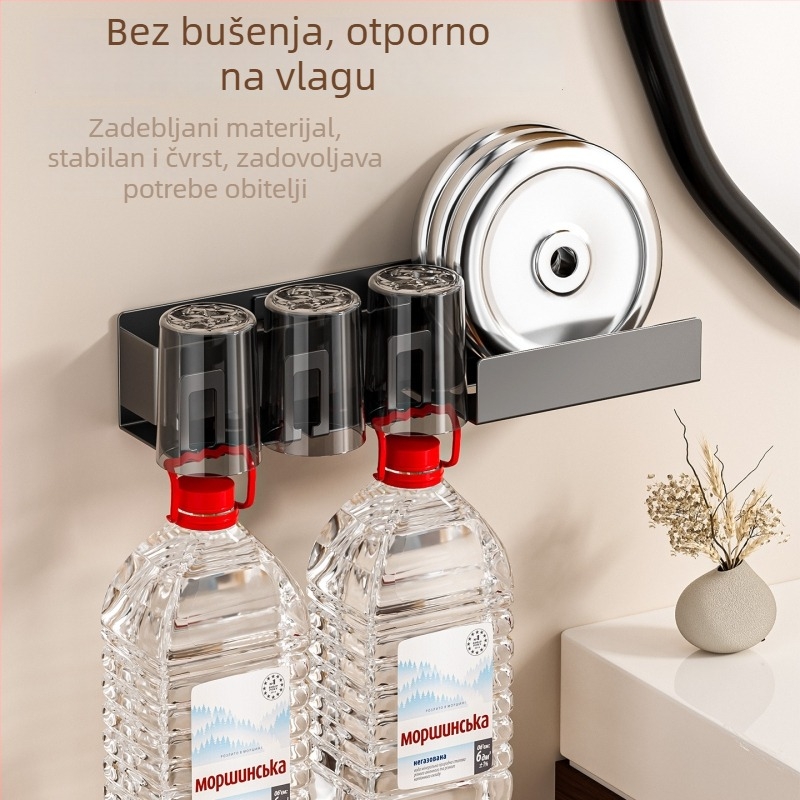 Police za kupaonu za skladištenje s držačem za čašu za ispiranje usta, držačem za četkicu i nosačem sušila, jednodijelni, od karbonskog čelika, završna obrada pečenim premazom, moderan minimalistički stil, nosivost 10–15 kg