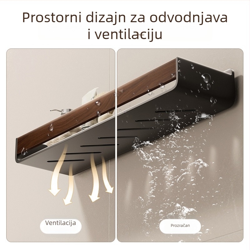 Zidni kupaonski stalak s uzorkom orah drveta, bez bušenja, dvije etaže, materijal: karbonsko čelika i akril, nosivost 25–30 kg