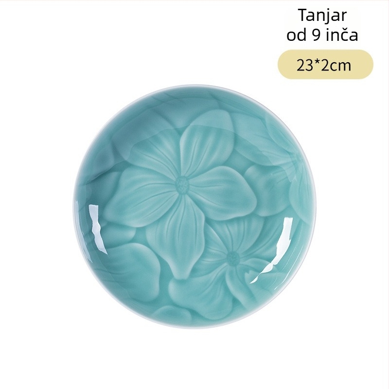 Longquan Celadon porculanski tanjur za posluživanje, cvjetni uzorak, okruglog oblika, moderni minimalistički stil