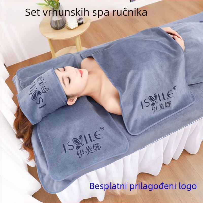Set ručnika za kozmetički salon: ručnik za jastučnicu, ručnik za prsni s otvorom, posteljni ručnik i turbanski ručnik; mikrovlakana, 430 gsm, 80% mikrovlakana + nylon; prilagodba logotipa; šavovi završni