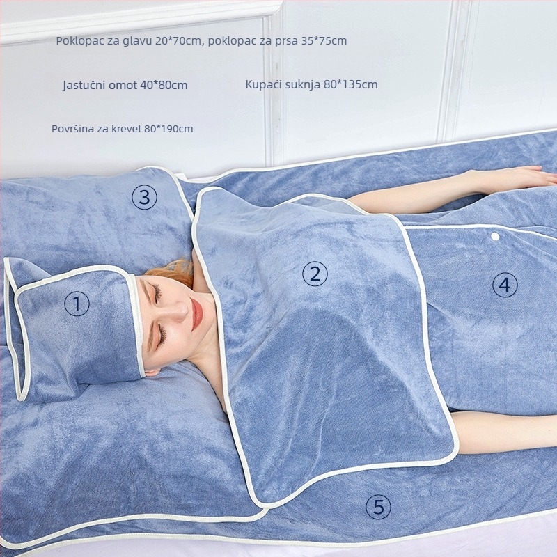 Set ručnika za kozmetički salon: ručnik za jastučnicu, ručnik za prsni s otvorom, posteljni ručnik i turbanski ručnik; mikrovlakana, 430 gsm, 80% mikrovlakana + nylon; prilagodba logotipa; šavovi završni