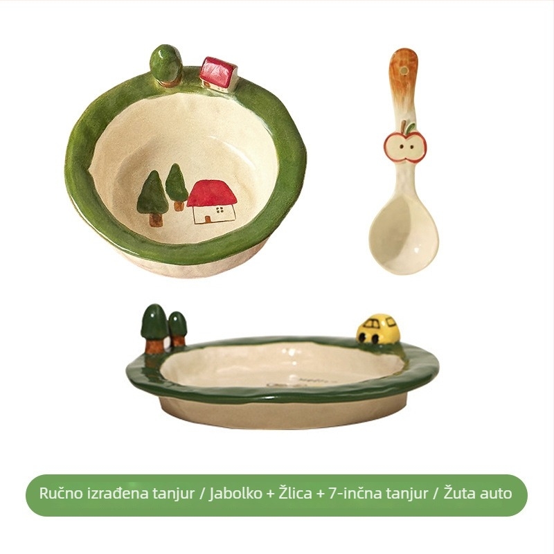 Set keramičkih zdjelica i tanjura s cartoon dizajnom, sladak stil, okrugli oblik, kompatibilan s mikrovalnom pećnicom