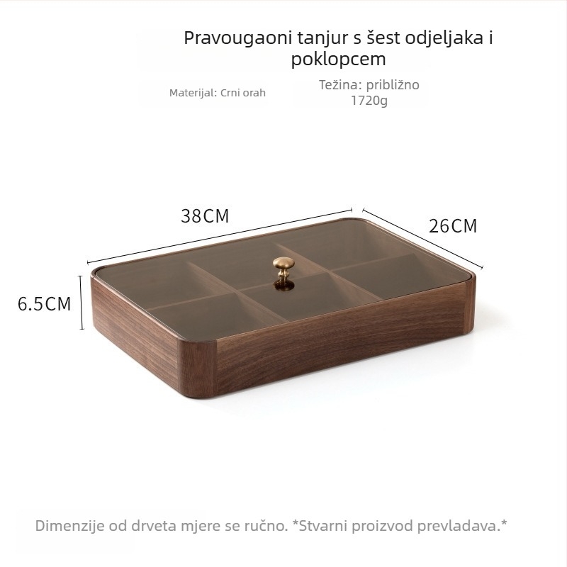Drvena kutija za grickalice s poklopcem, višeslojna pohrana orašastih plodova i suhog voća, orahovo drvo, jednostavan stil, novi kineski stil