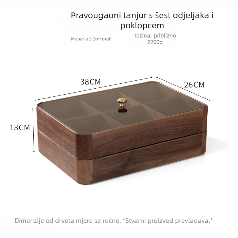 Drvena kutija za grickalice s poklopcem, višeslojna pohrana orašastih plodova i suhog voća, orahovo drvo, jednostavan stil, novi kineski stil