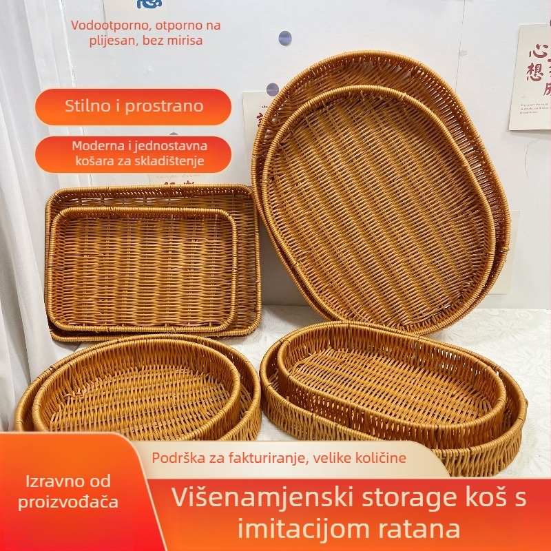 Ručni pleteni plastični koš za skladištenje s imitacijom ratana – model T6208, pastoralni stil, pogodan za voće, povrće, CD-e i uredski pribor