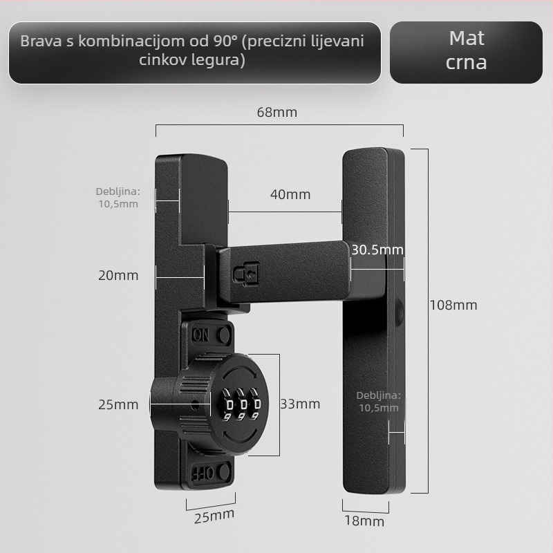 Brava za klizna vrata s lozinkom (bez bušenja) - Materijal: cinkova legura, Model: 1105, Debljina šipke 10 mm, Razmak šipke 10 mm, Način otključavanja: Lozinka
