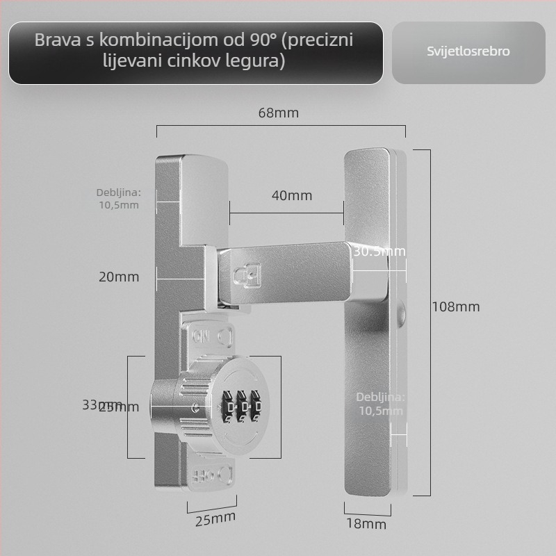 Brava za klizna vrata s lozinkom (bez bušenja) - Materijal: cinkova legura, Model: 1105, Debljina šipke 10 mm, Razmak šipke 10 mm, Način otključavanja: Lozinka