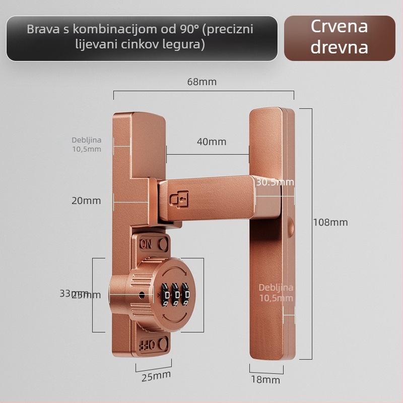 Brava za klizna vrata s lozinkom (bez bušenja) - Materijal: cinkova legura, Model: 1105, Debljina šipke 10 mm, Razmak šipke 10 mm, Način otključavanja: Lozinka